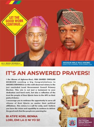 Abowa of Agbowa-Ikosi Congratulates Akogun Wale Anomo on Primary Election Victory