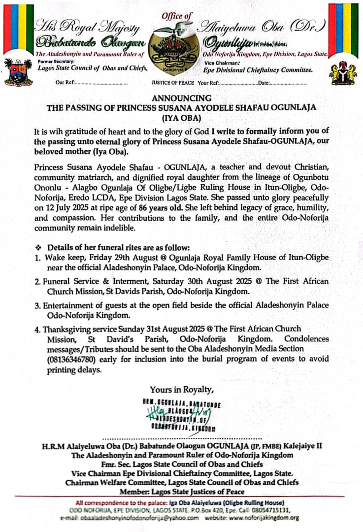 Princess Susana Ogunlaja, Respected Matriarch of Odo Noforija, Passes On at 86