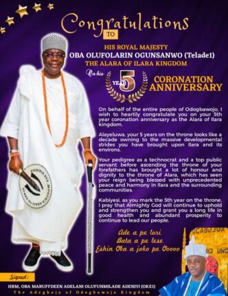 Odogbawojo monarch hails Alara of Ilara on 5th coronation anniversary