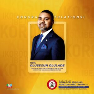Senator Tokunbo Abiru Congratulates Hon. Olusegun Olulade on Appointment at Galaxy Backbone Ltd.