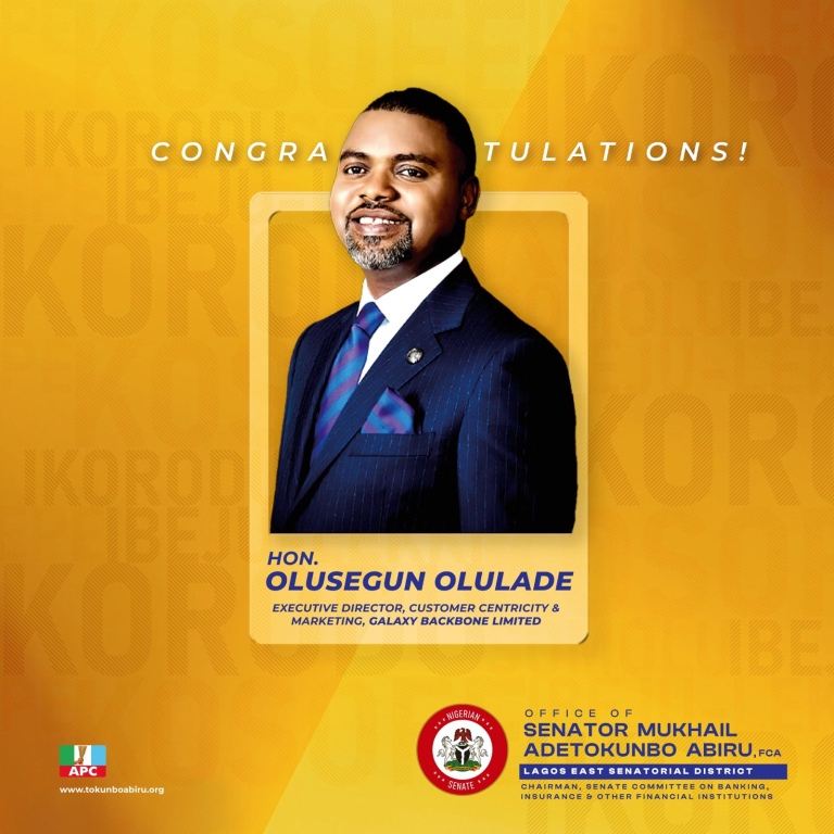 Senator Tokunbo Abiru Congratulates Hon. Olusegun Olulade on Appointment at Galaxy Backbone Ltd.