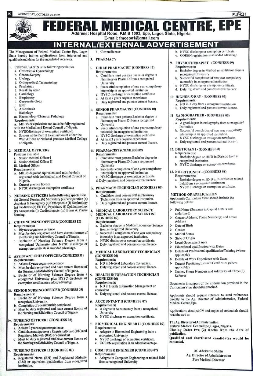 FMC Epe Opens Recruitment for Medical, Administrative Positions