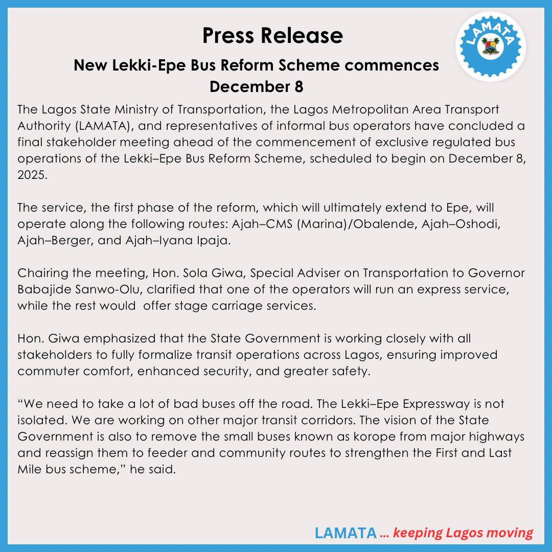 Lagos to Roll Out Regulated Bus Operations on Lekki–Epe Corridor