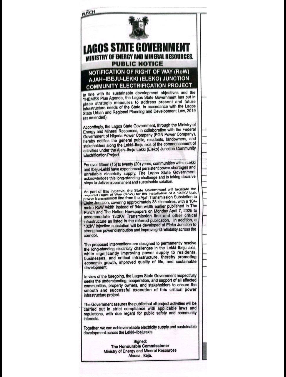 Lagos Govt Announces Right of Way for Ajah–Ibeju-Lekki Electrification Project